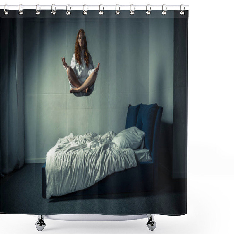 Personality  Obsessed Girl Levitating In Lotus Pose During Meditation Over Bed Shower Curtains