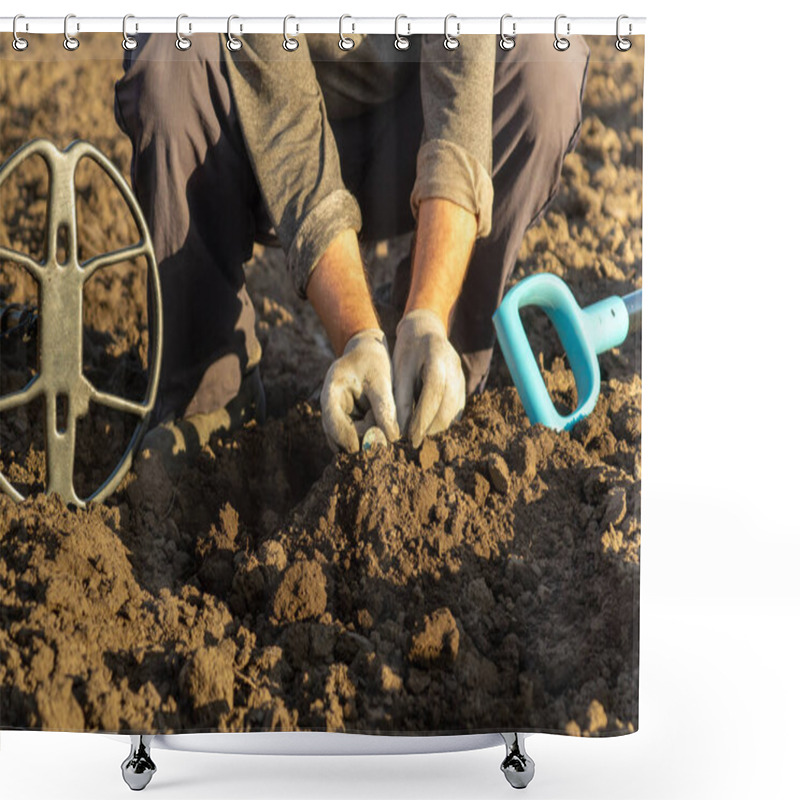 Personality  A Person Kneels In Rich Soil, Carefully Searching For Hidden Treasures Using A Metal Detector And A Digging Tool, Basking In The Warm Glow Of The Autumn Sun. Shower Curtains