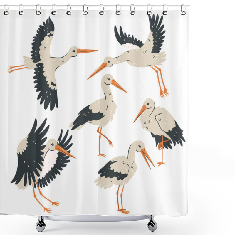 Personality  Set Of Storks Isolated On White Background. Vector Image Shower Curtains