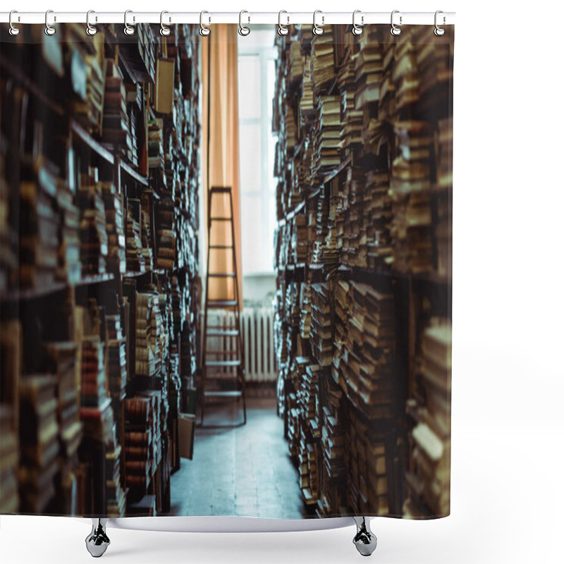 Personality  Interior Of Library With Books On Wooden Shelves And Ledder  Shower Curtains