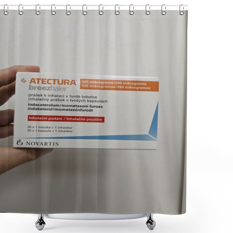 Personality  Prague,Czech Republic-August 7 2024: ATECTURA Box Of Medication With INDACATEROL And MOMETASONE Active Substances By NOVARTIS,used For Treatment Of Asthma,COPD Shower Curtains