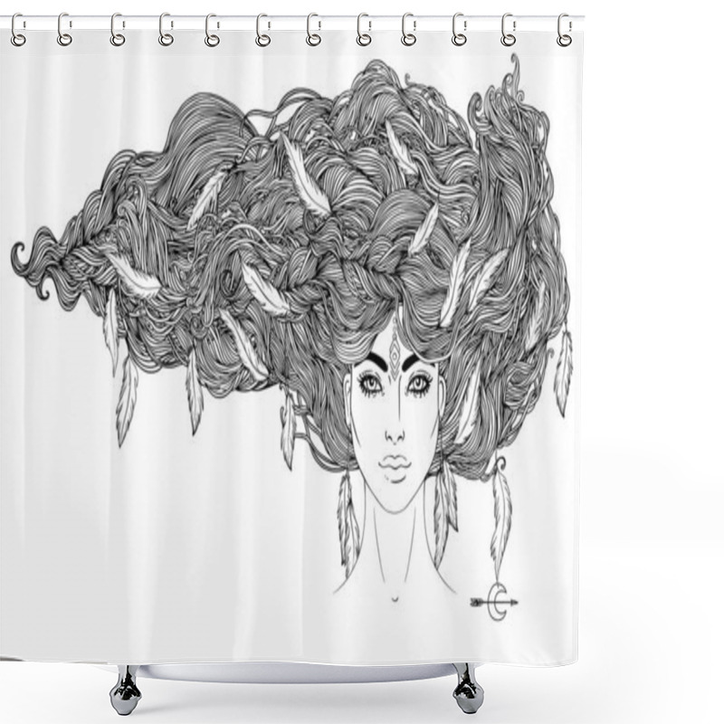 Personality  Isolated On White Illustration Of Native American Indian Girl With Feathers And Dream Catcher. Tribal Fusion Boho Diva. Coloring Book. Shower Curtains