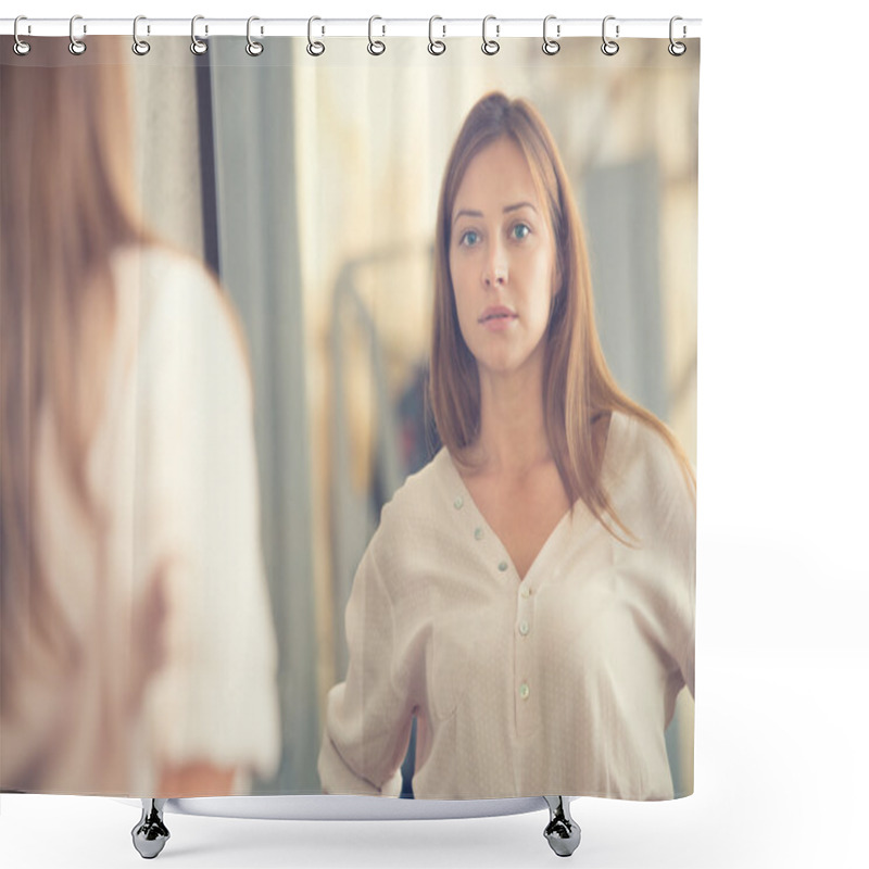 Personality  Young Woman Looking In The Mirror Portrait In A Shop Shower Curtains