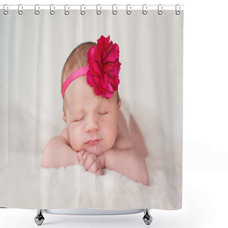 Personality  Newborn Baby Girl With Hot Pink Flower Headband Shower Curtains