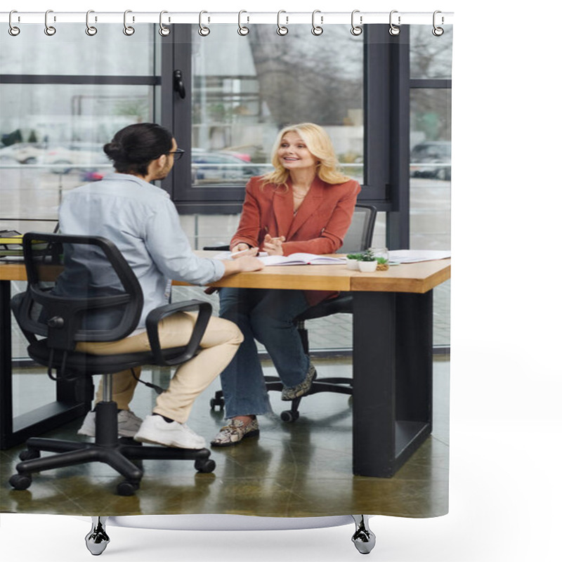 Personality  Attractive Woman Engages In Conversation With A Man During Job Interview. Shower Curtains