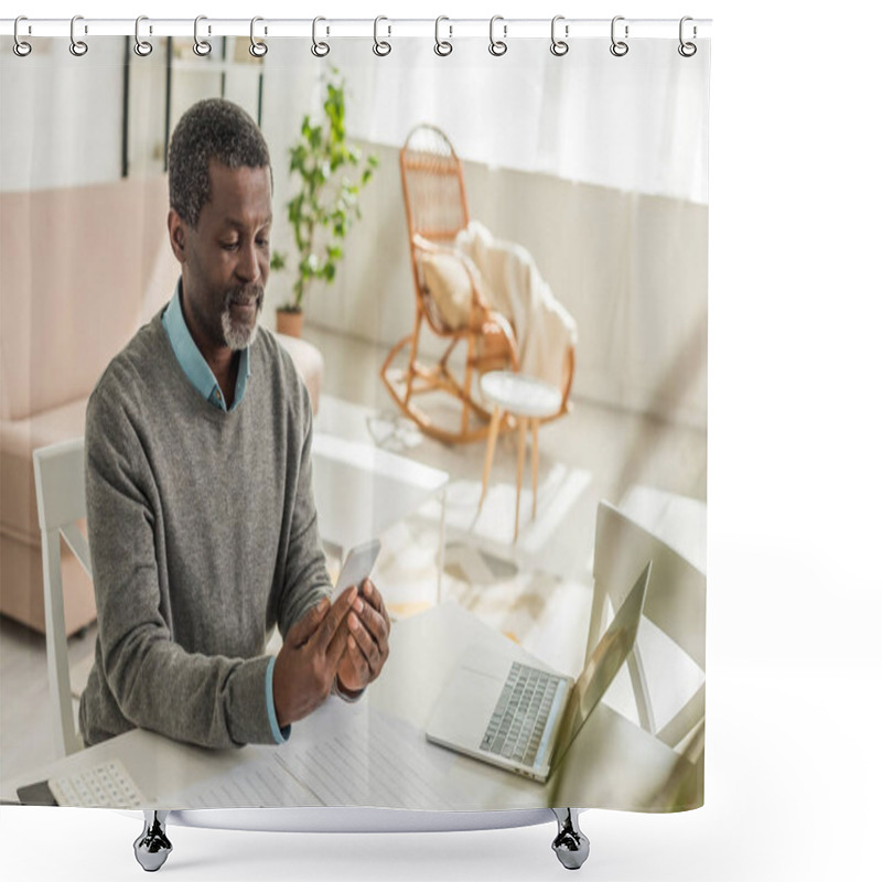 Personality  Serious African American Man Looking At Smartpone While Sitting At Table With Utility Bills Shower Curtains