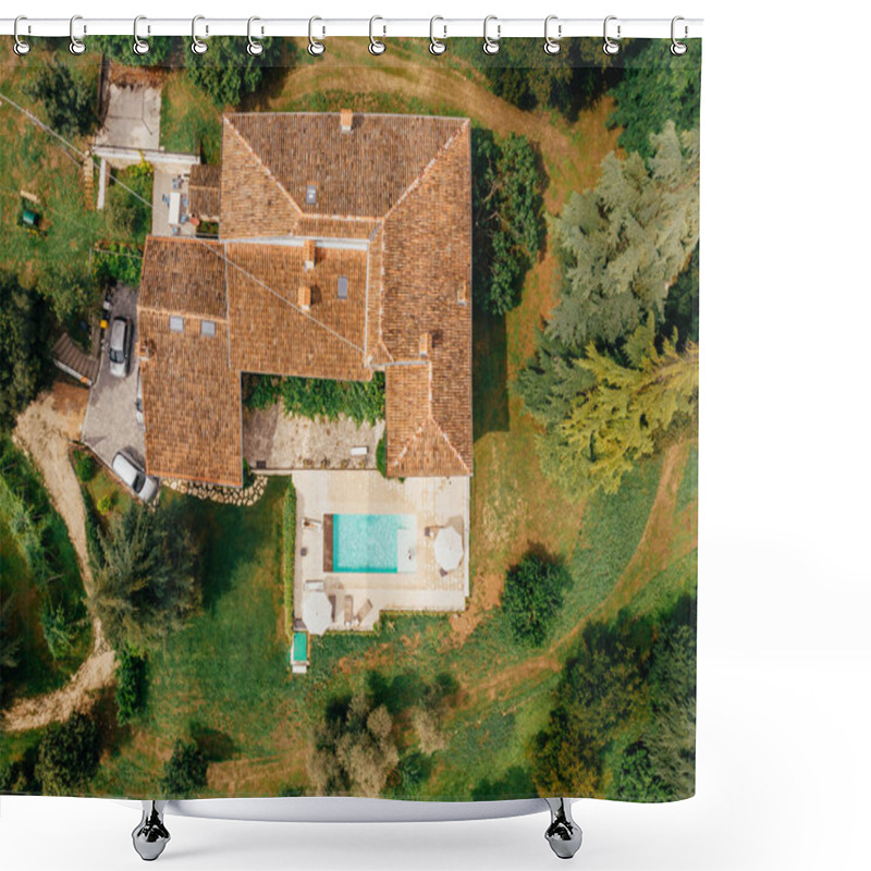 Personality  Top View Of Couple Resting At Swimming Pool Near Villa In Italy Shower Curtains