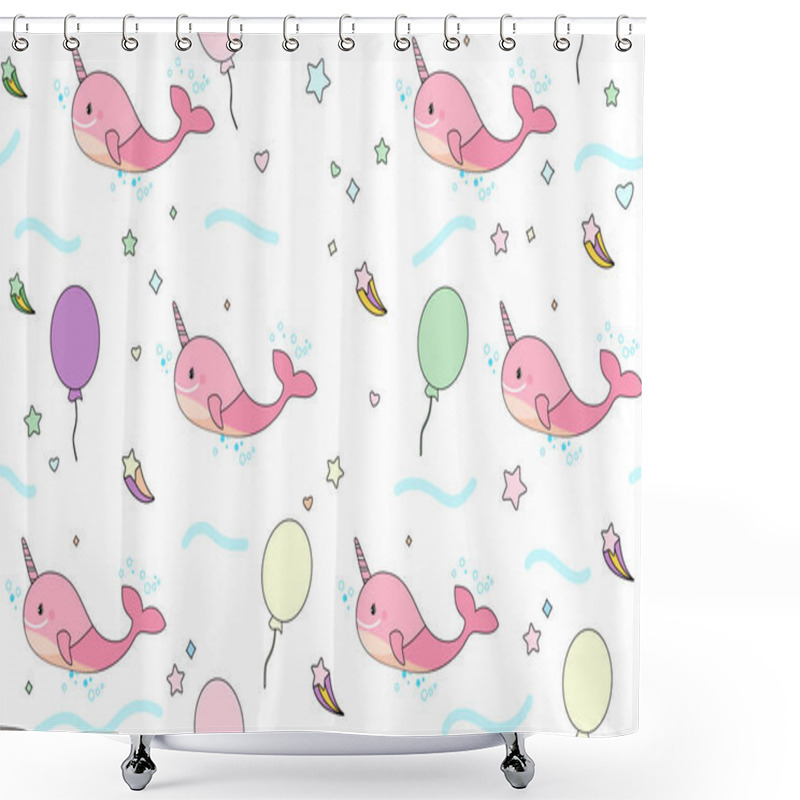 Personality  Children Pattern With Pink Unicorn Whale And Balloons. Seamless Pattern With Pink Narwhal Shower Curtains