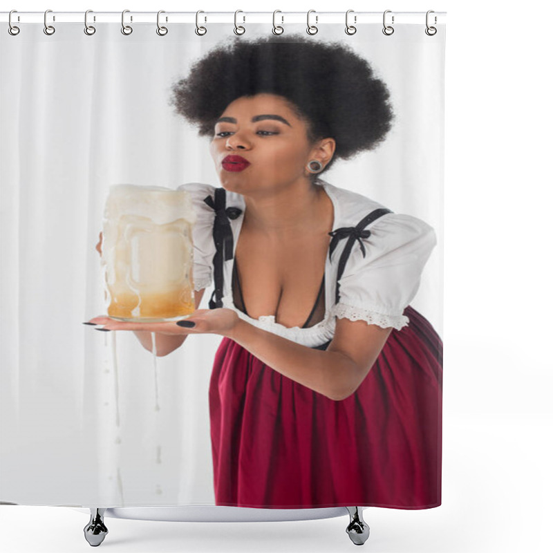 Personality  African American Bavarian Waitress In Dirndl Blowing Off Beer Foam In Mug On White, Oktoberfest Shower Curtains