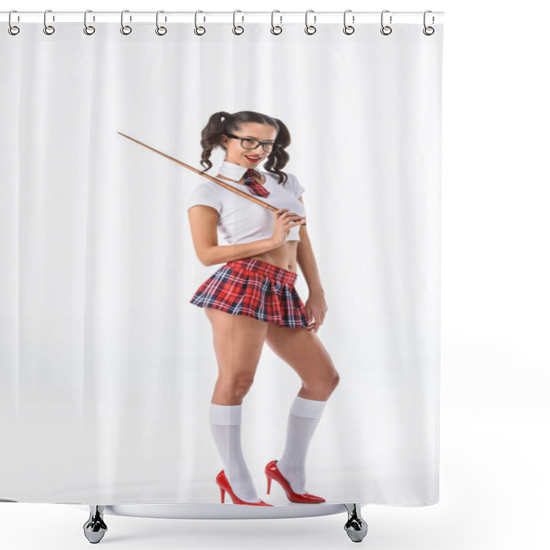 Personality  Young Seductive Schoolgirl With Wooden Pointer Isolated On White Shower Curtains