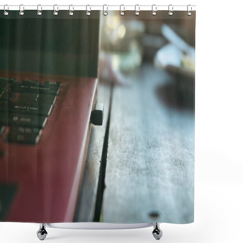 Personality  Elegant Close-up Of A Laptop's USB Drive Area, Highlighting Technology And Connectivity On A Wooden Background Shower Curtains