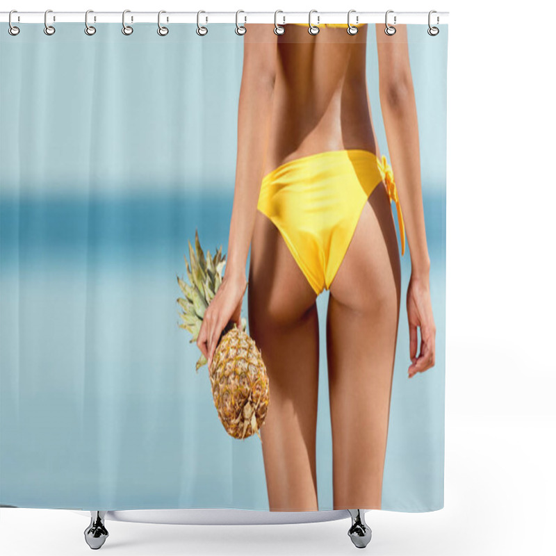 Personality  Cropped Image Of Woman In Bikini Holding Pineapple In Front Of Sea  Shower Curtains