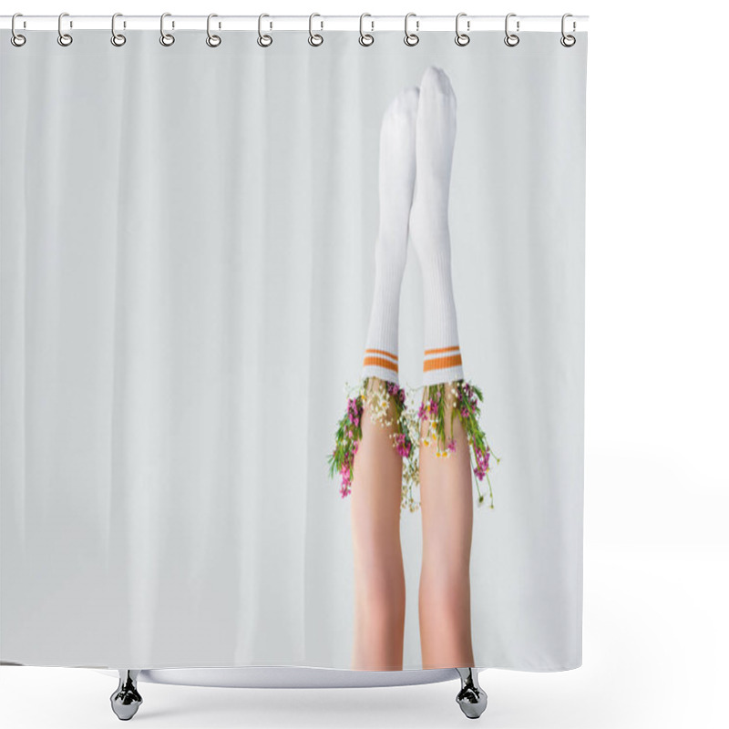 Personality  Upside Down View Of Female Legs With Fresh Flowers In Socks Isolated On Grey  Shower Curtains