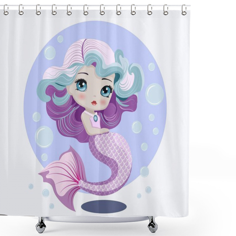 Personality  Hand Drawn Cute Little Purple Mermaid Doll With Bubbles. Isolated Design Element For Greeting Card, Poster, Flyer, Birthday, Party, Invitation, Baby Shower. Cartoon Style Vector Illustration. Shower Curtains