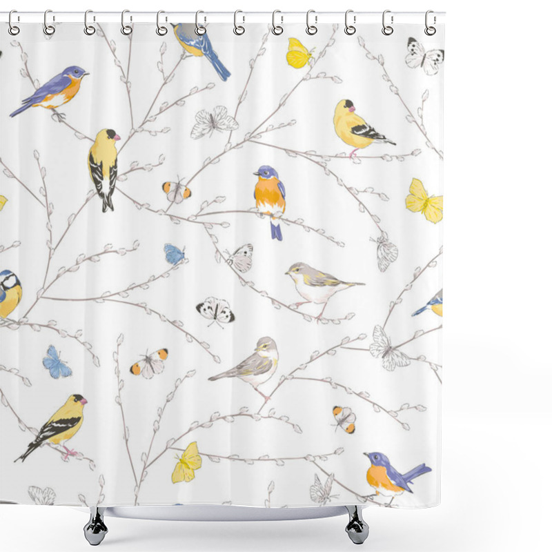 Personality  Many Garden Birds Sitting On Spring Pussy Willow Branch Flying Butterfly Vector Seamless Pattern. Shower Curtains