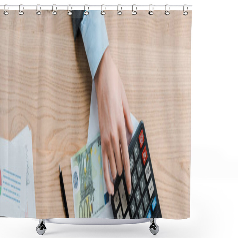 Personality  Panoramic Shot Of Man Using Calculator Near Euro Banknote  Shower Curtains