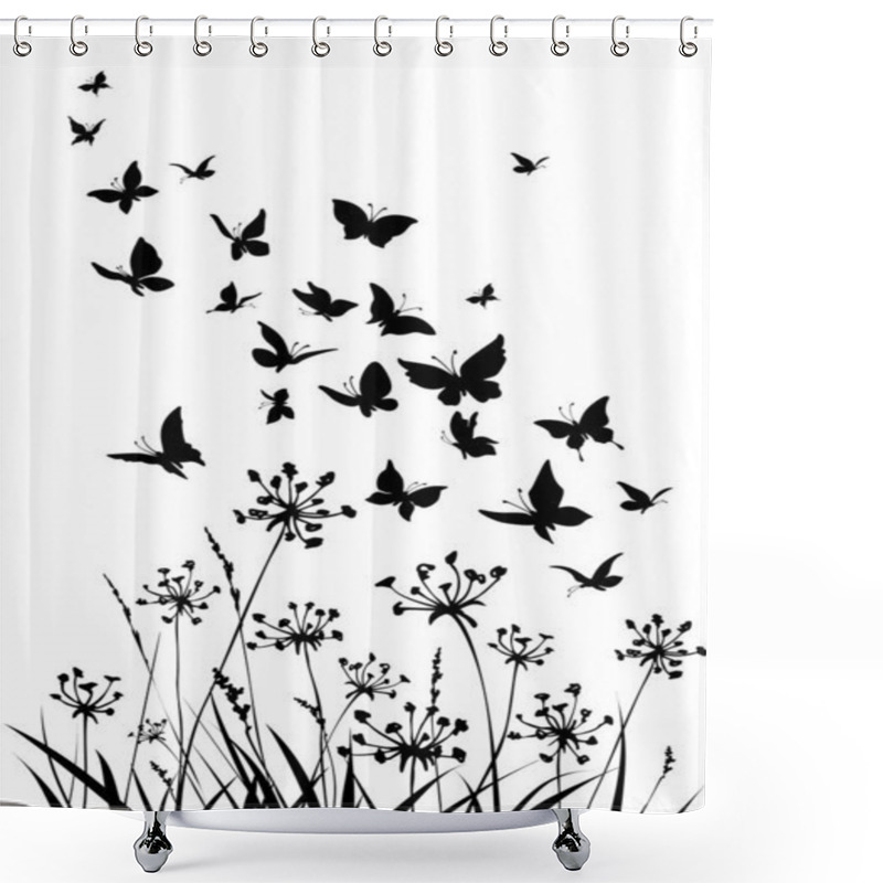 Personality  Floral Background With Grass, Flowers And Butterflies. Spring Or Summer Background. Shower Curtains