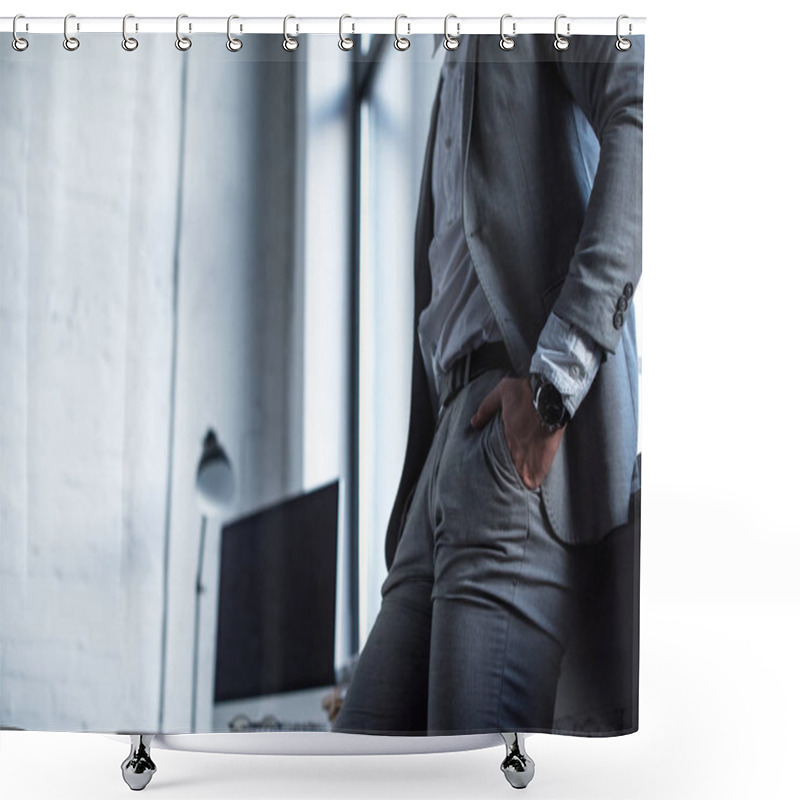 Personality  Cropped Image Of Businessman In Grey Suit In Office Shower Curtains