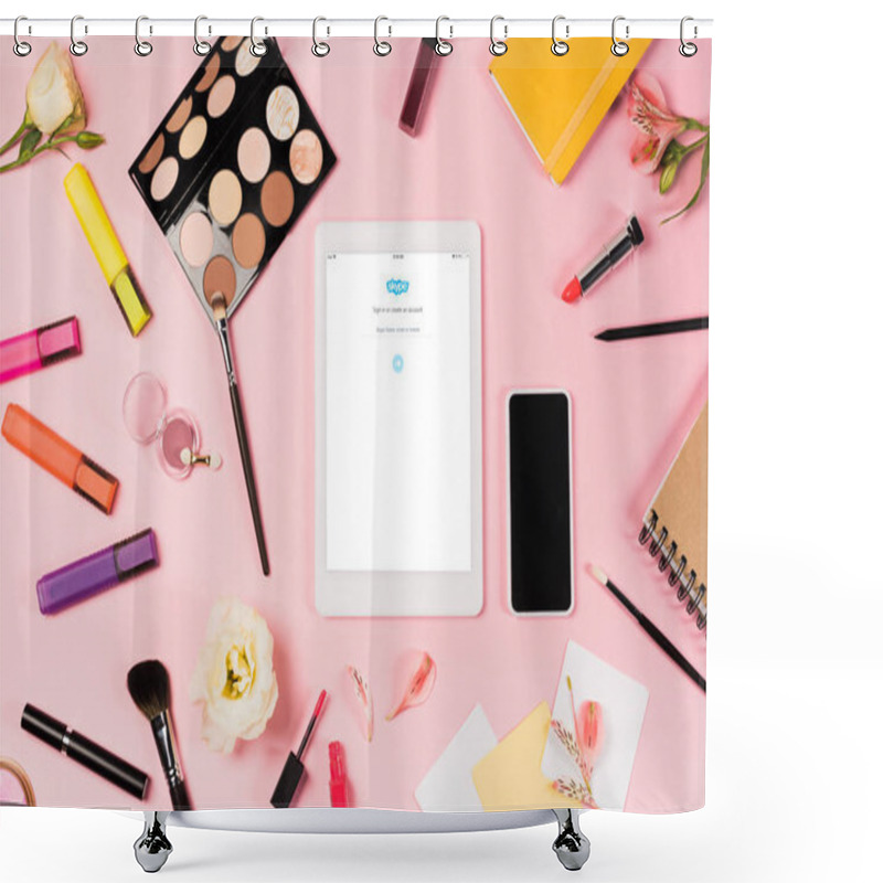 Personality  KYIV, UKRAINE - MAY 11, 2019: Top View Of Digital Tablet With Skype App On Screen, Smartphone With Blank Screen, Flowers, Highlighters And Decorative Cosmetics On Pink Shower Curtains