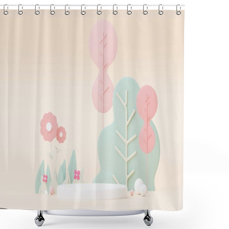 Personality  Abstract Pastel Of Nature, Flowers Leaves And Tree Plants With Podium Stand Platform. Cute Cartoon Natural Landscape Background. Scene Of Spring Colorful Plants With Minimal Design. 3D Render. Shower Curtains