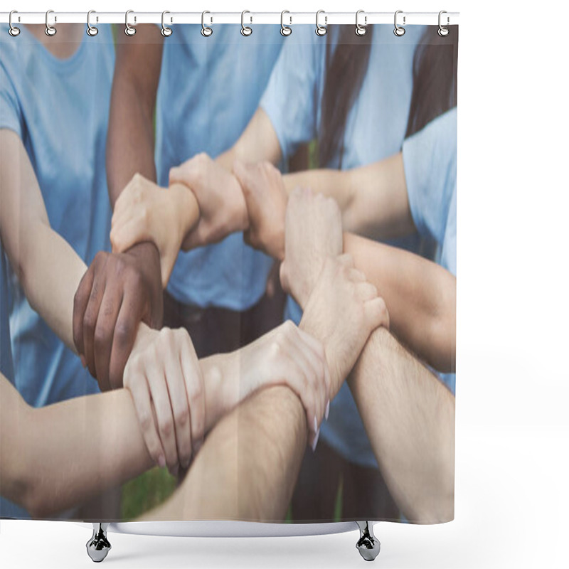 Personality  Hands Of Young People Joined In Circle Shower Curtains