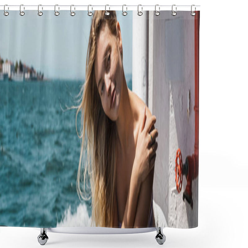 Personality  Cheerful And Blonde Woman With Bare Shoulders Looking At Camera While Crossing Bosporus On Ferry Boat, Banner Shower Curtains