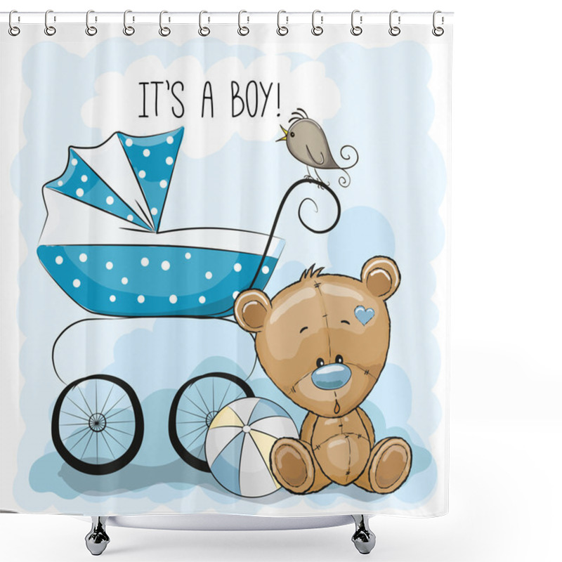 Personality  Teddy Bear With Baby Carriage Shower Curtains