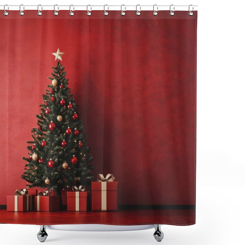 Personality  Festive Christmas Tree With Red And Gold Ornaments Against A Red Wall. Shower Curtains