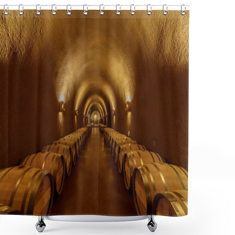 Personality  Napa, California - April 28, 2019: Underground Barrel Cave At Jarvis Estate. Due To The Invariant Temperature And High Humidity Level Of Caves, Wineries Have Typically Used Caves For The Barrel Aging Of Wines. Shower Curtains