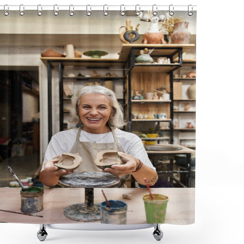 Personality  A Smiling Mature Woman Showcases Her Handcrafted Pottery In A Vibrant Art Studio. Shower Curtains