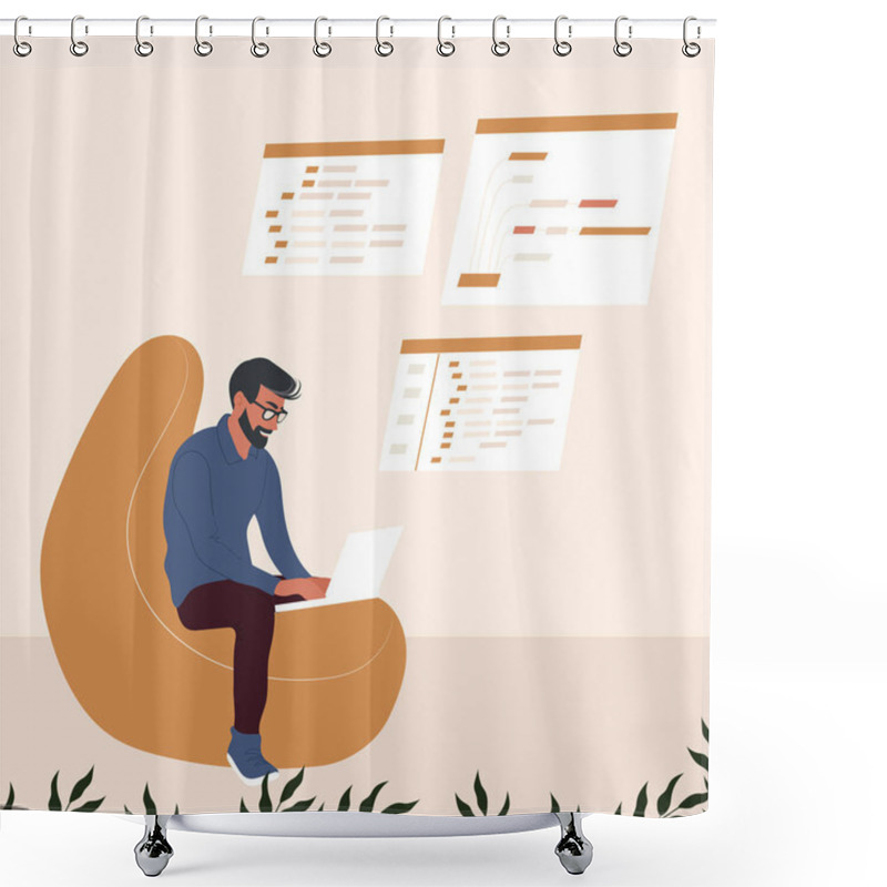 Personality  Young Hipster Man Works At A Laptop Writes Program Code. Programmer Or Learning IT. Flat Vector Illustration Shower Curtains