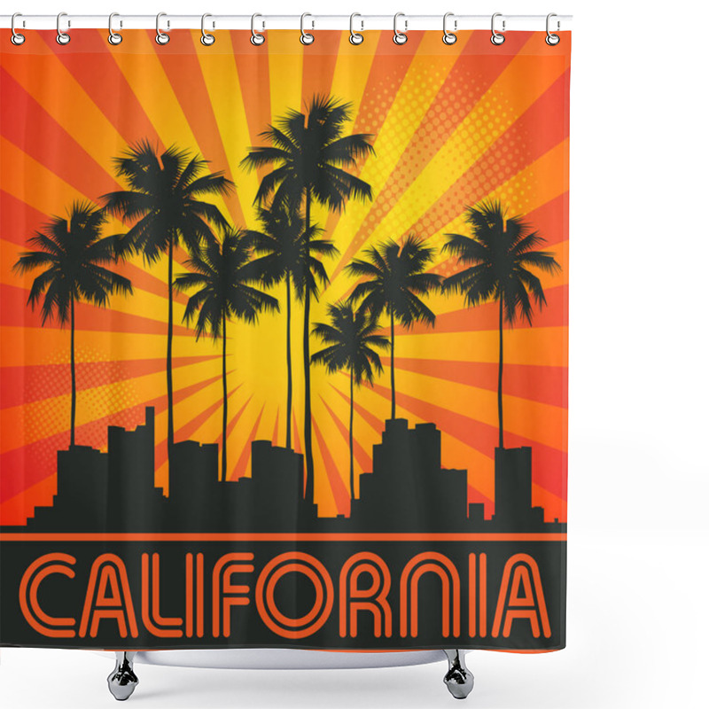 Personality  Retro Illustration With City Skyline And Text California Shower Curtains