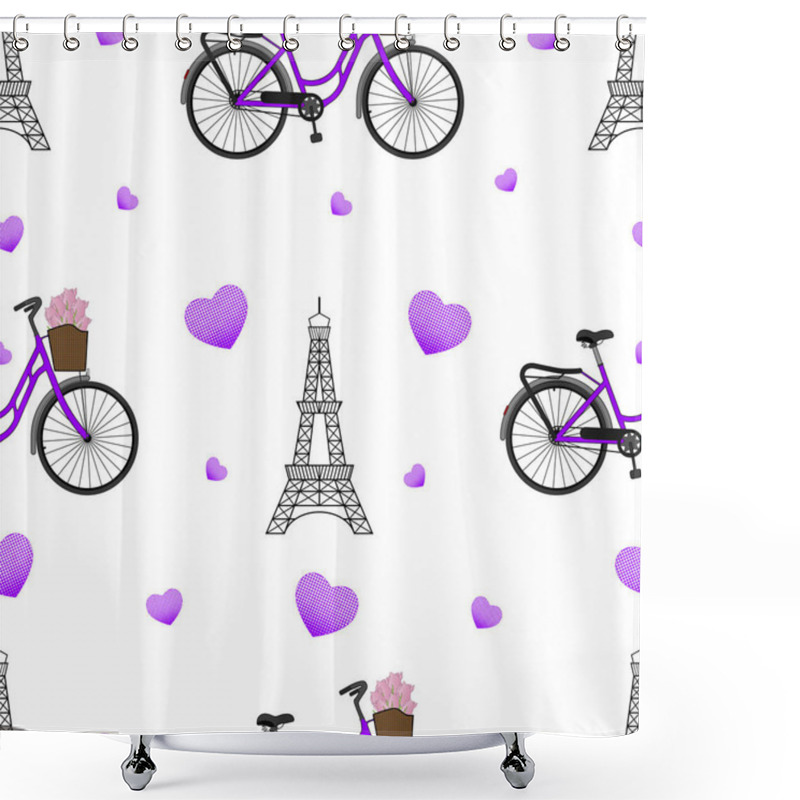 Personality  Eiffel Tower, Bike With Flowers In Basket And Purple Hearts Shower Curtains