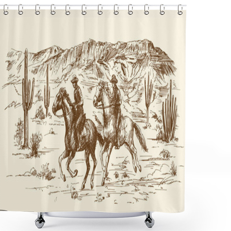 Personality  American Wild West Desert With Cowboys - Hand Drawn Illustration Shower Curtains