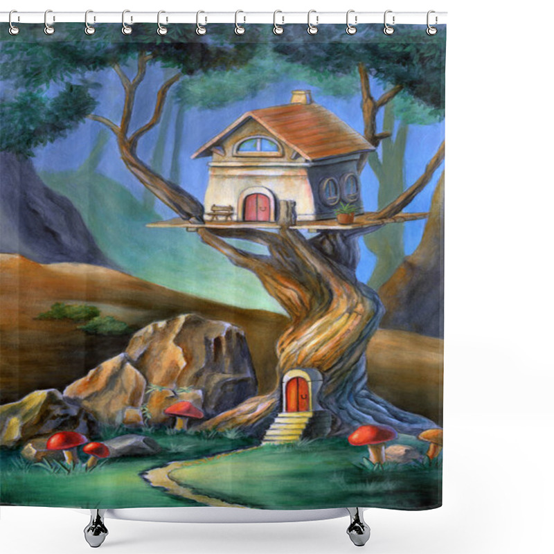 Personality  Fantasy Scene With A Cute House On Top Of A Tree. Mixed Media Illustration, Acrylic And Colored Pencil On Paper. Shower Curtains