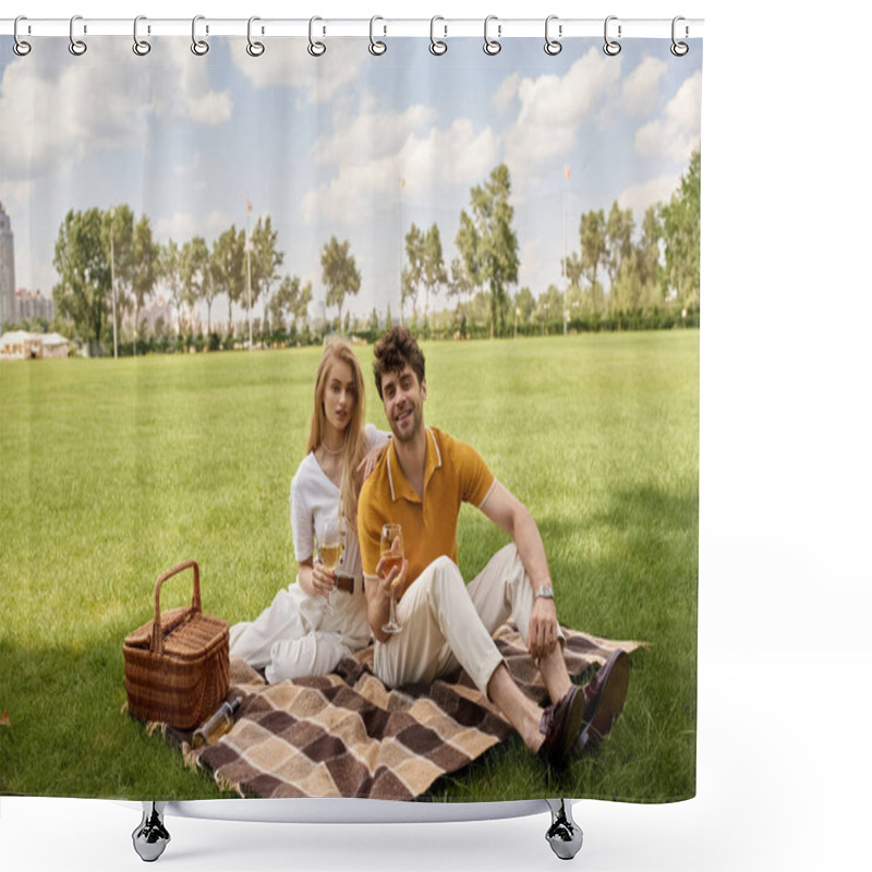 Personality  Stylish Couple In Elegant Attire Enjoying A Luxurious Picnic On A Green Field In The Park. Shower Curtains