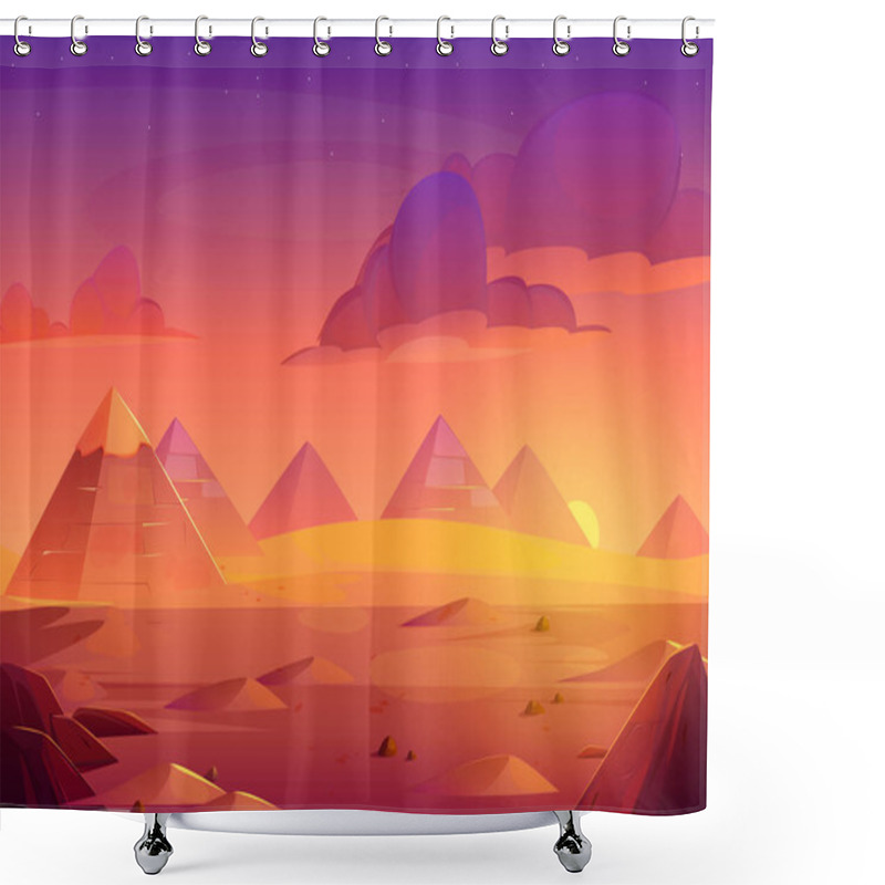 Personality  Egyptian Pyramids Under Pink Gradient Sunset Sky With Fluffy Clouds. Desert Landscape With Sand Dunes And Stones. Golden Sunlight Illuminates Ancient Civilization Historical Architecture Structures. Shower Curtains