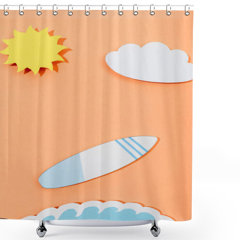 Personality  Top View Of Paper Cut Sun, Cloud, Surfboard And Sea Wave On Orange Background Shower Curtains