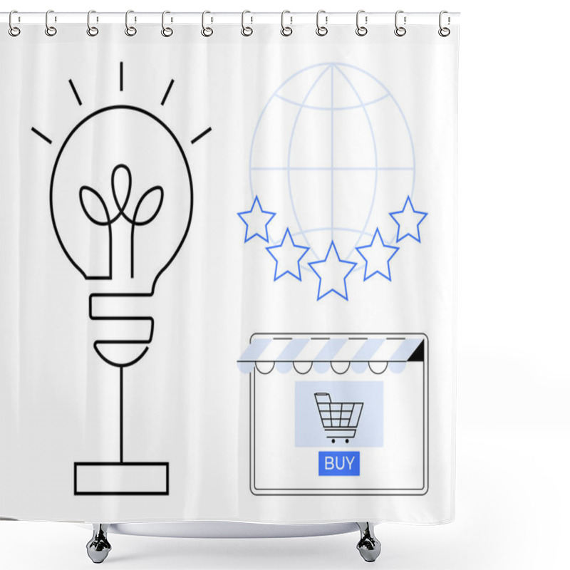 Personality  Lightbulb Symbolizing Innovation, Globe With Stars Representing Global Reviews, Storefront With Shopping Cart Icon Labeled Buy. Ideal For Online Retail, Digital Marketing, Global Business Shower Curtains