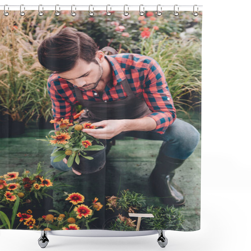 Personality  Gardener Checking Flower In Garden Shower Curtains