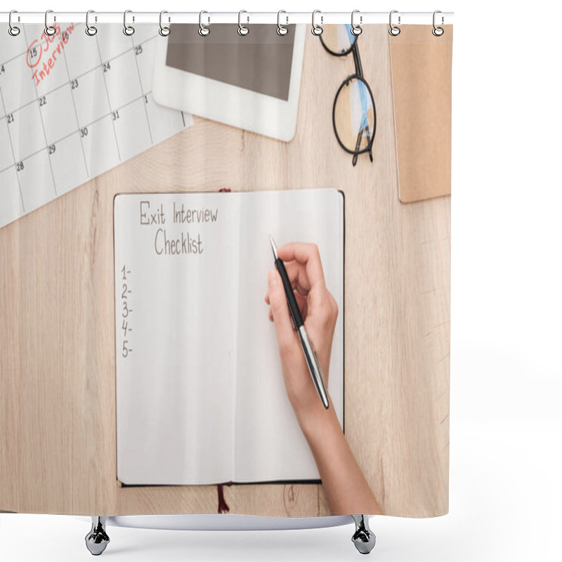 Personality  Partial View Of Recruiter Holding Pen Near Notebook With Exit Interview Checklist Lettering Shower Curtains