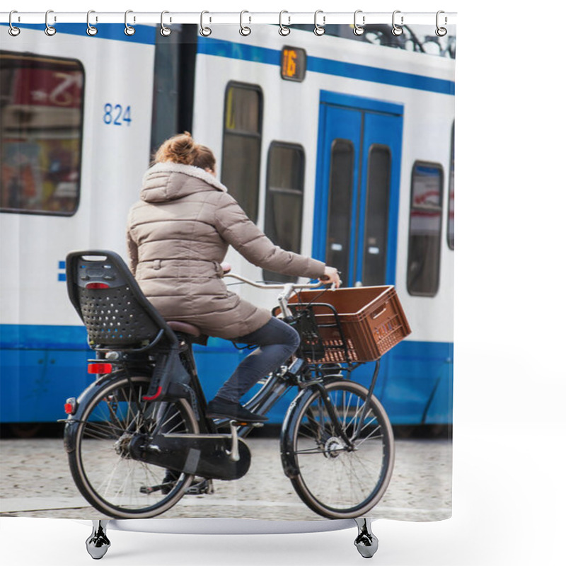 Personality  AMSTERDAM, NETHERLANDS- MARCH, 2018: Cyclist In A Cold Early Spring Day At The Old Central District Of Amsterdam Shower Curtains