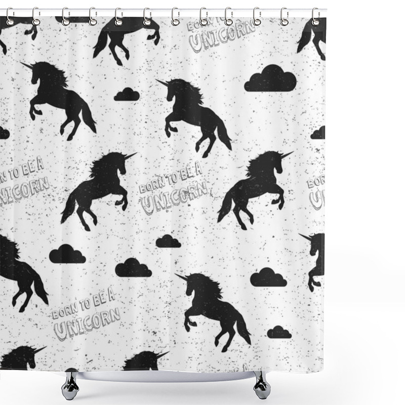 Personality  Unicorn Wallpaper. Seamless Pattern In Swatch. Vector Illustration. Born To Be A Unicorn. Jumping Unicorns And Clouds. Grunge Vintage Texture. Shower Curtains