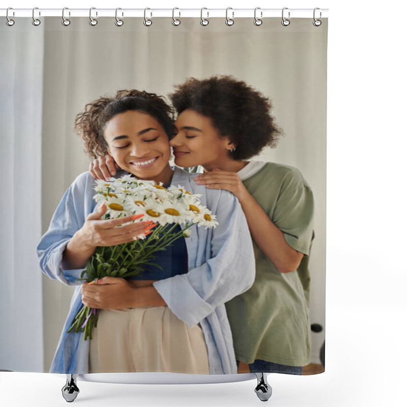 Personality  A Couple Shares A Loving Embrace While Enjoying A Bouquet Of Daisies. Shower Curtains