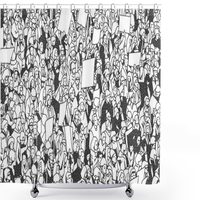 Personality  Black And White Illustration Of Large Crowd Protest With Blank Signs Shower Curtains