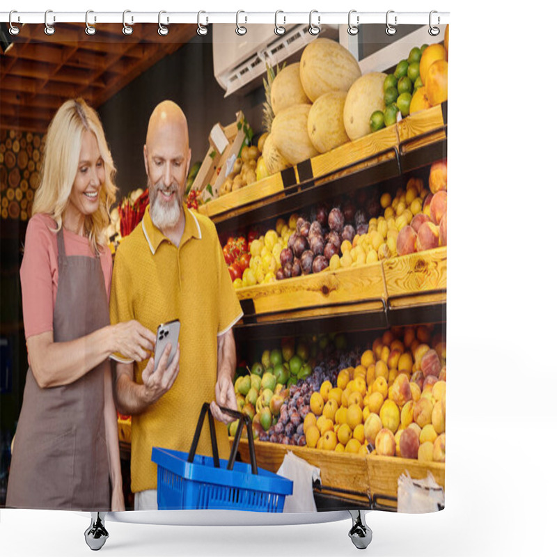 Personality  Mature Saleswoman Helping Gray Bearded Man To Choose Groceries And Both Looking At Mobile Phone Shower Curtains