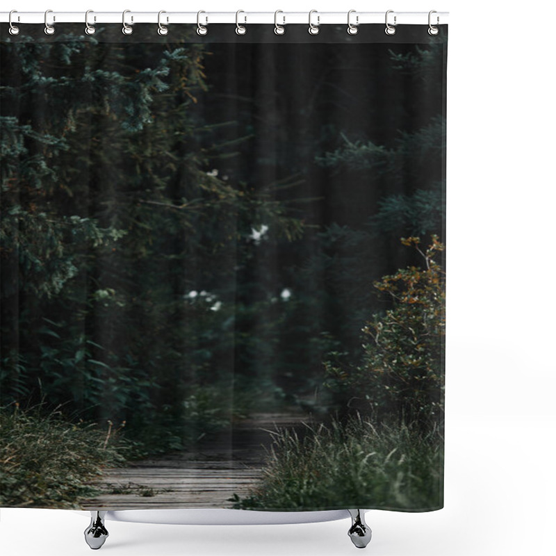 Personality  Selective Focus Of Wooden Path Between Green Trees In Forest Shower Curtains