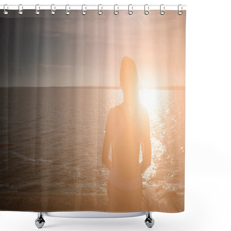 Personality  Girl Sits On The Stone Embankment Of Coast Sea And Looks At The  Shower Curtains