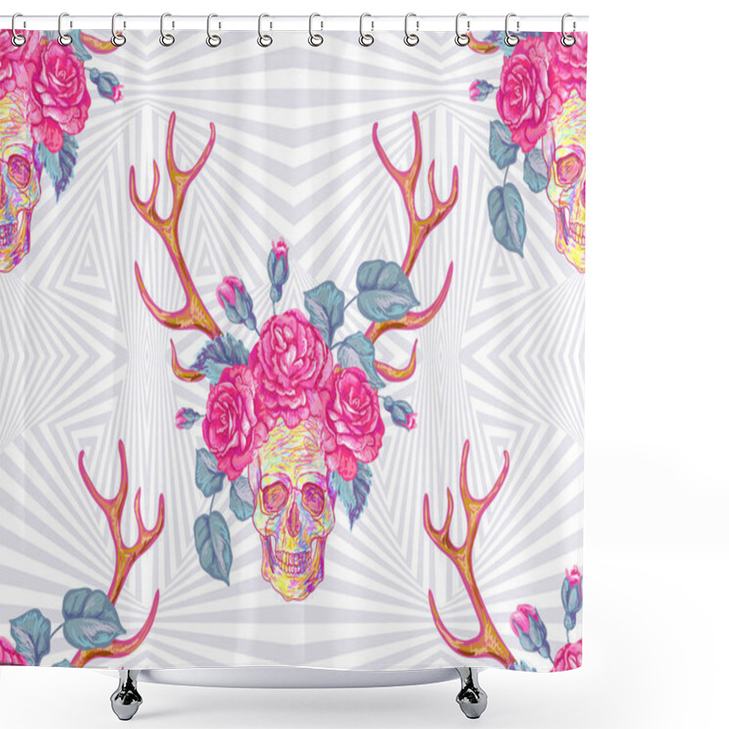 Personality  Seamless Boho Tribal Fashion Pattern With Decorative Deer Antler, Skull Vector Background Perfect For Wallpaper, Pattern Fill, Web Page, Surface Texture, Textile. Horn, Skull And Floral Roses Crown Shower Curtains