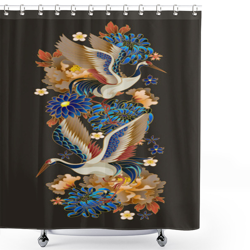 Personality  Compositions With Mandarin Ducks, Flowers And Cranes. Vector. Shower Curtains